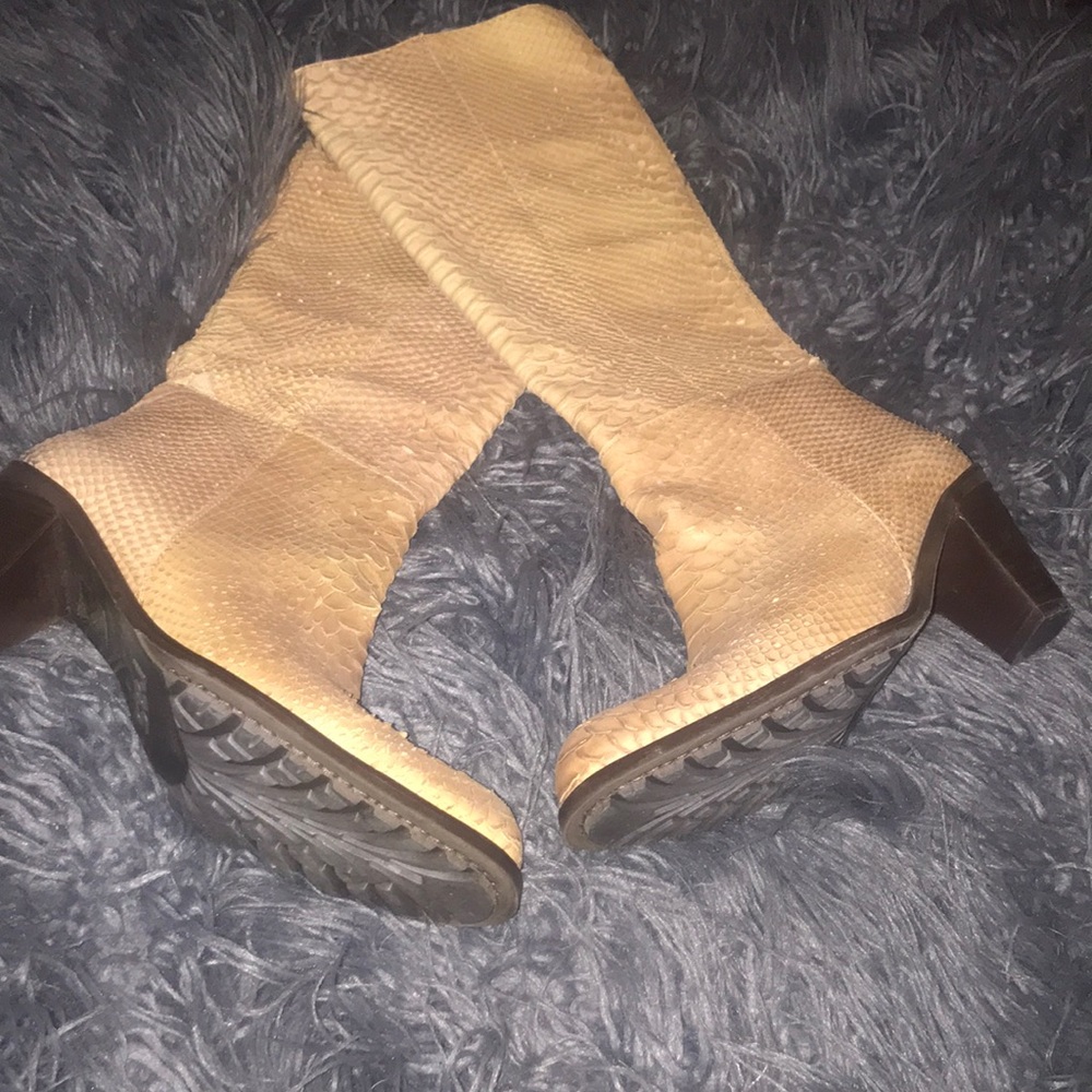 Camel color croc skin boots.